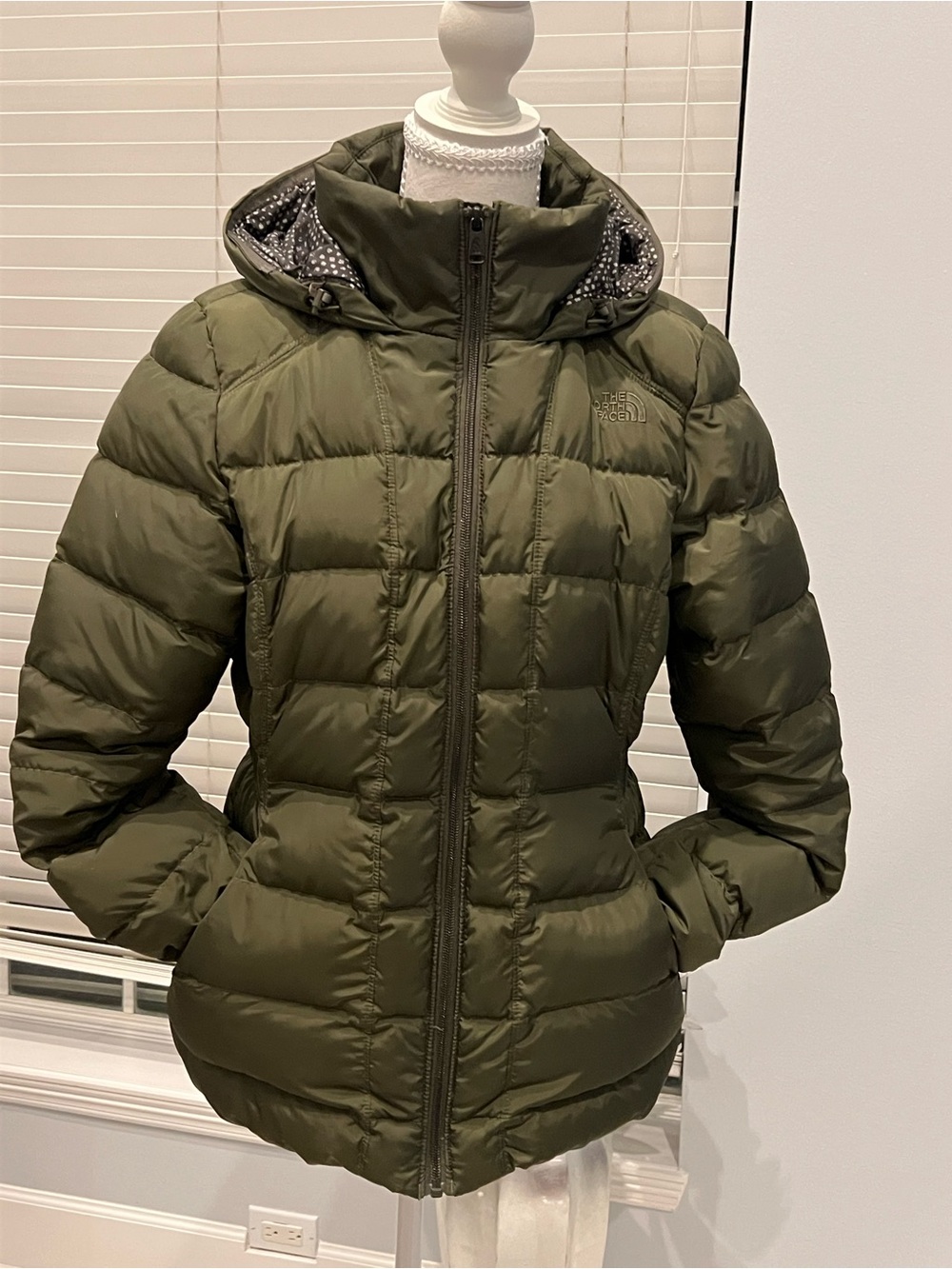 The North Face Women's Olive Puffer Jacket with Hooded Collar